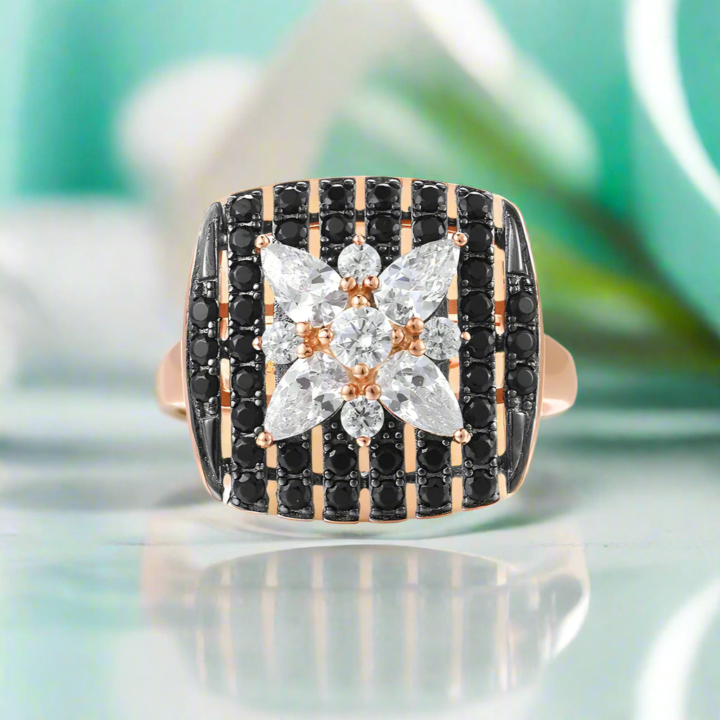 Black Spinel & Diamond Flower Ring-Evani Jewelry