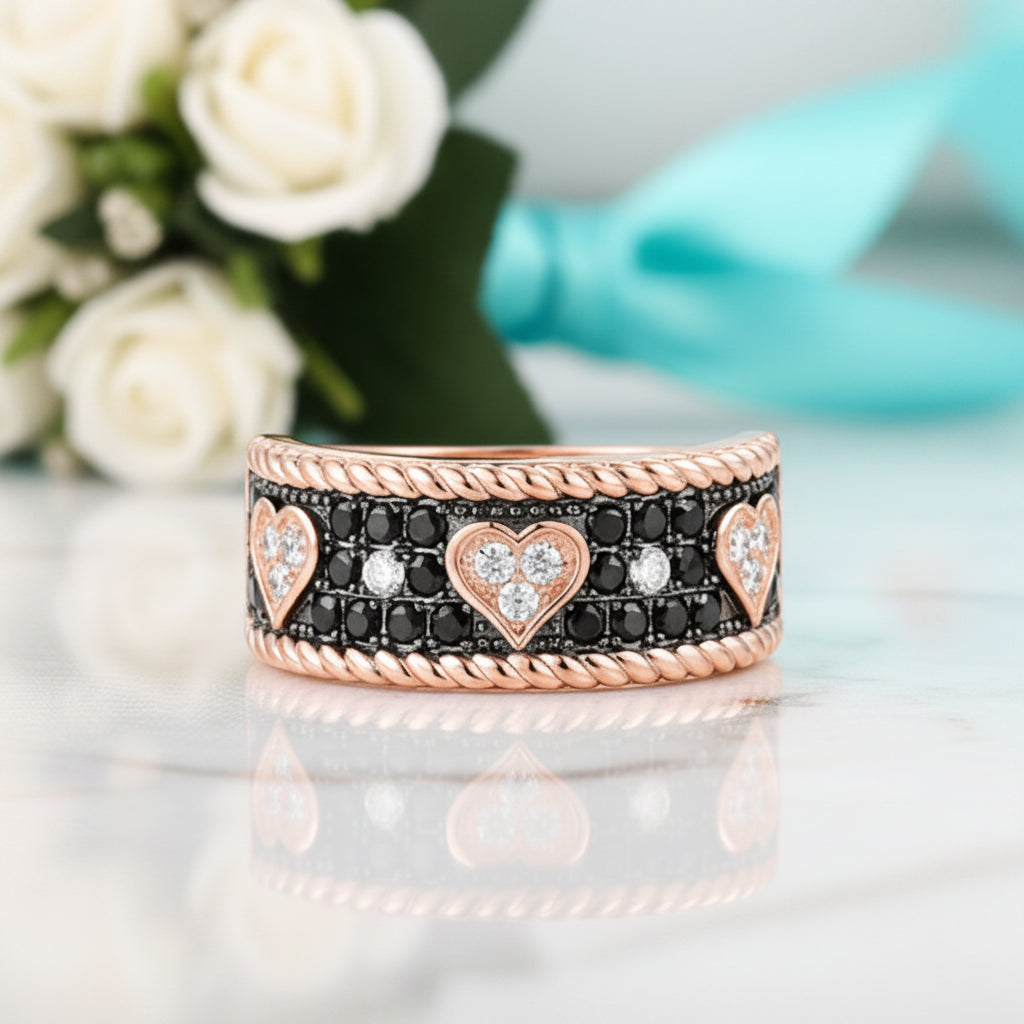 Black Spinel & Diamond Rose Heart Antique Ring-Evani Jewelry