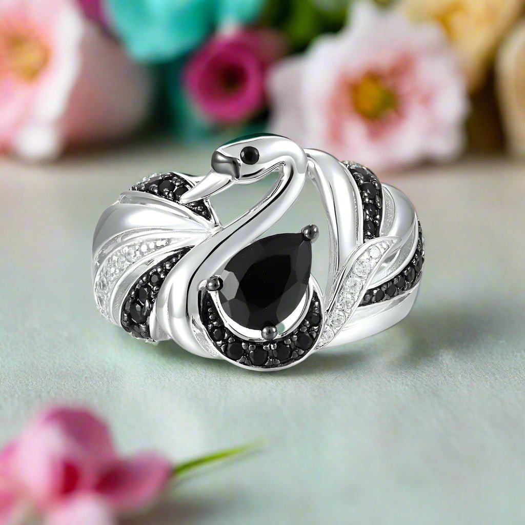 Black Spinel Swan Nature-Inspired Ring-Evani Jewelry