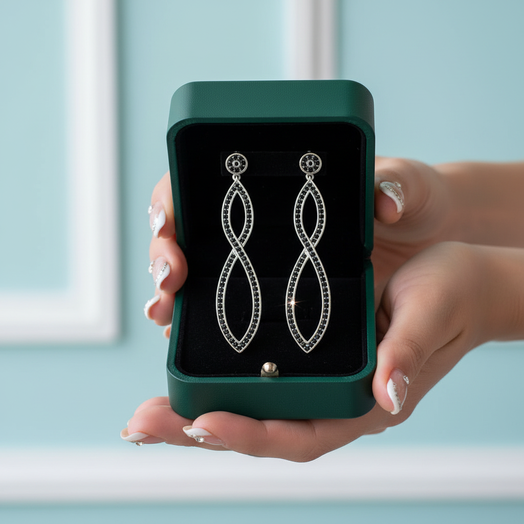 Black Stones Infinity Twist Drop Earrings