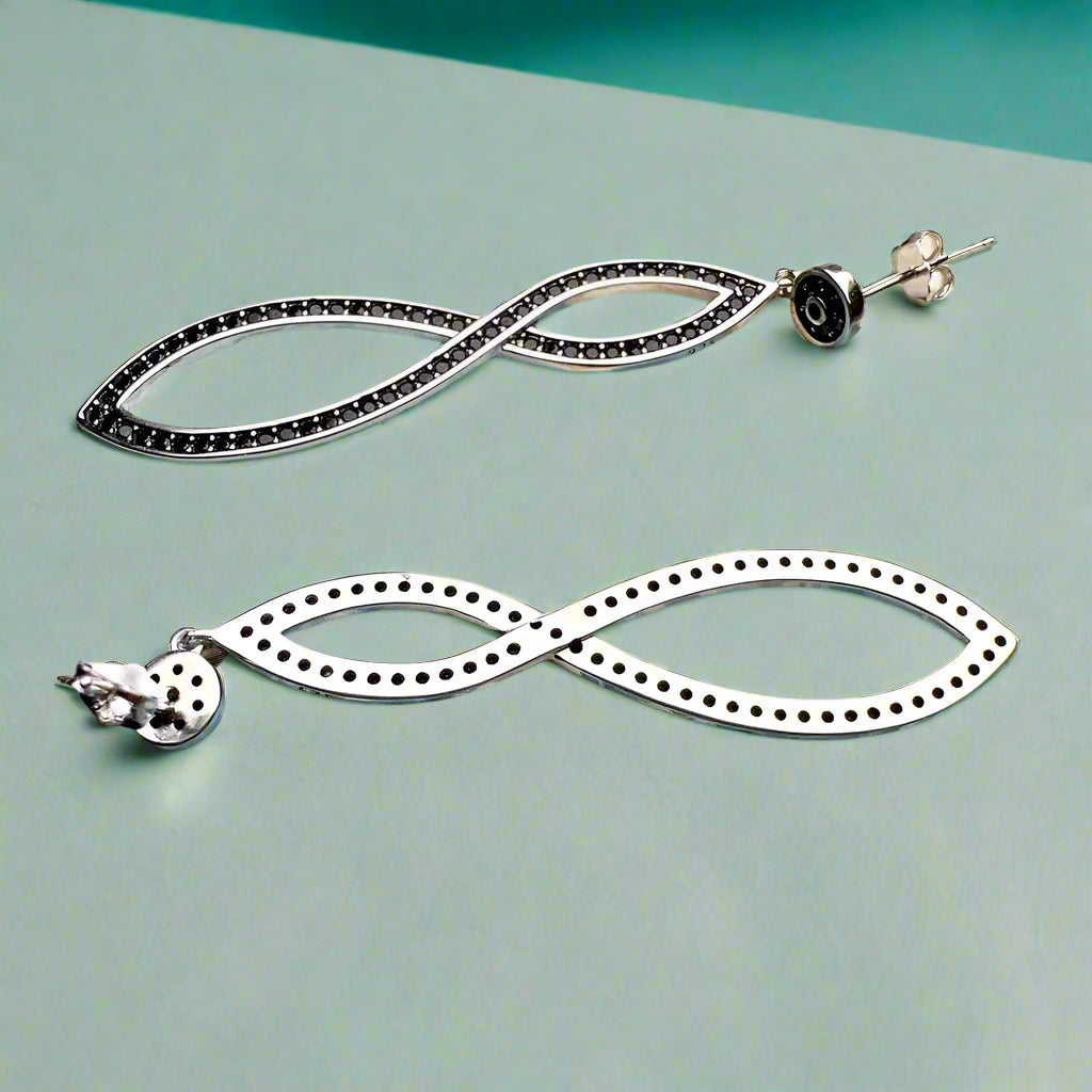 Black Stones Infinity Twist Drop Earrings-Evani Naomi Jewelry