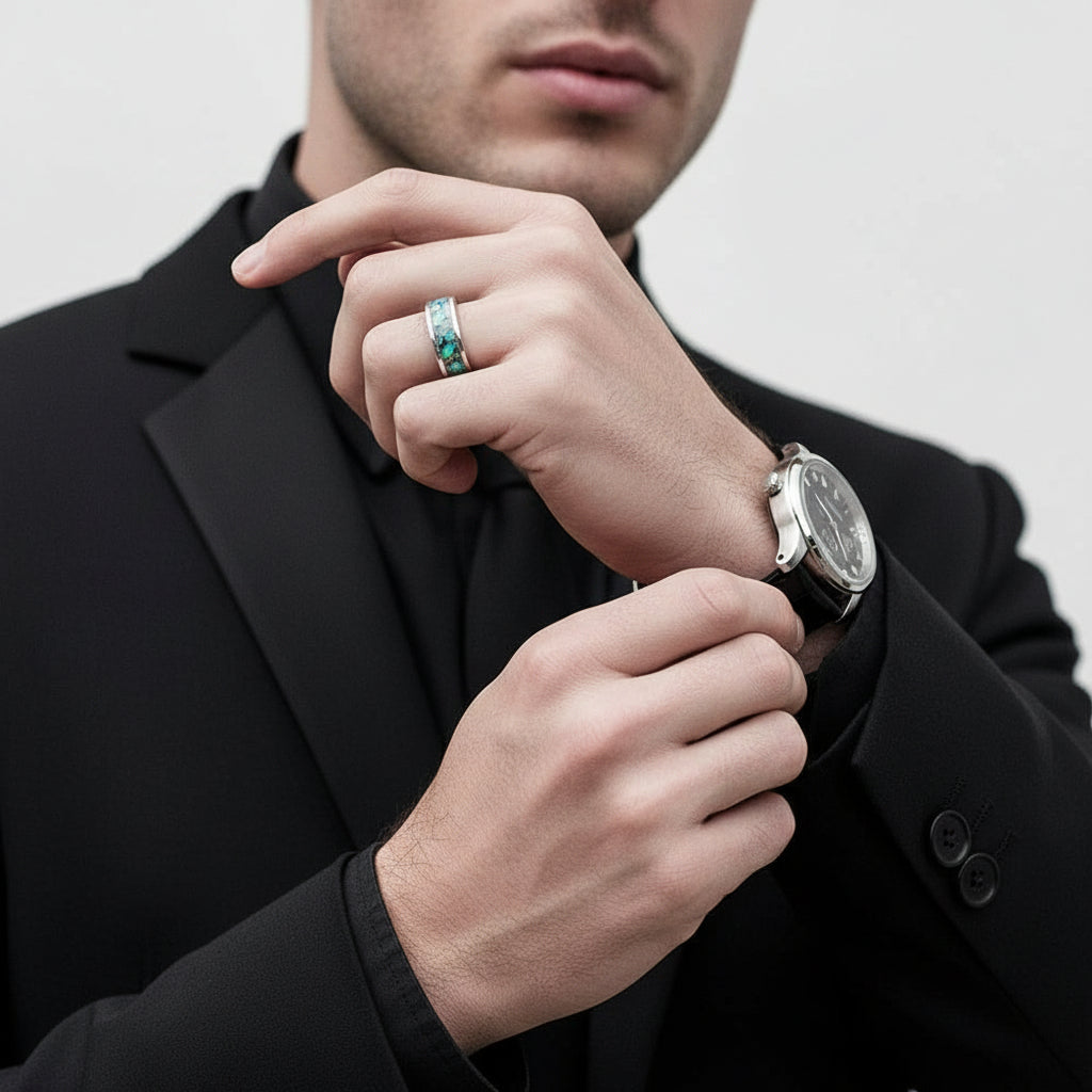 Black Titanium Men's Wedding Band with Abalone Shell Inlay-Evani Jewelry