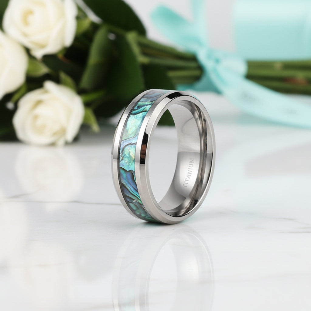 Black Titanium Men's Wedding Band with Abalone Shell Inlay-Evani Jewelry