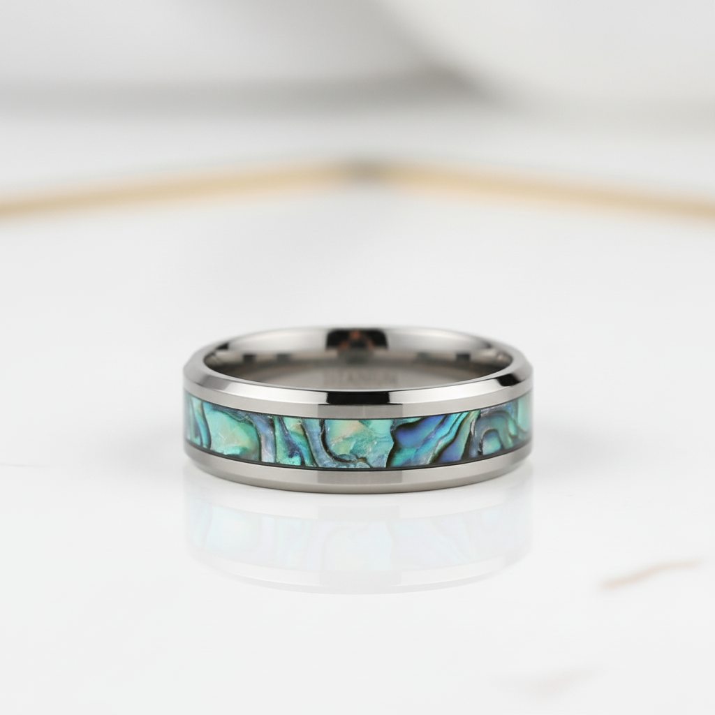 Black Titanium Men's Wedding Band with Abalone Shell Inlay - Evani Naomi Jewelry