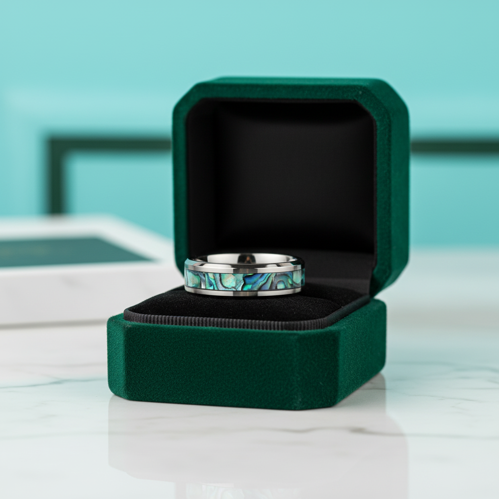 Black Titanium Men's Wedding Band with Abalone Shell Inlay - Evani Naomi Jewelry