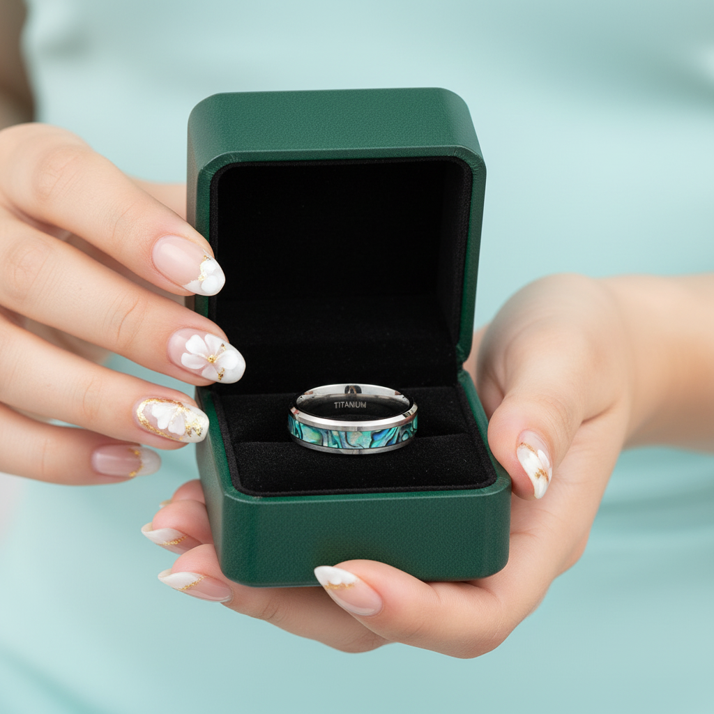 Black Titanium Men's Wedding Band with Abalone Shell Inlay - Evani Naomi Jewelry