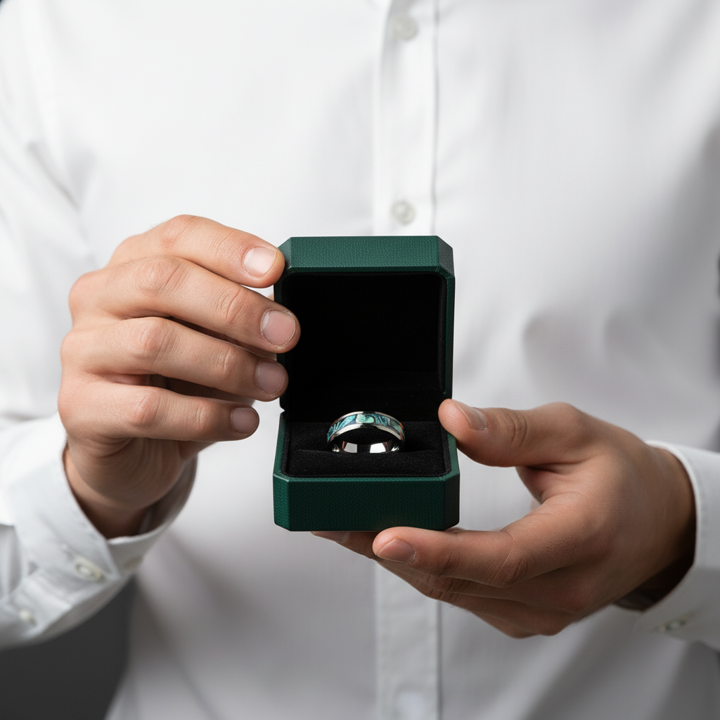 Black Titanium Men's Wedding Band with Abalone Shell Inlay - Evani Naomi Jewelry