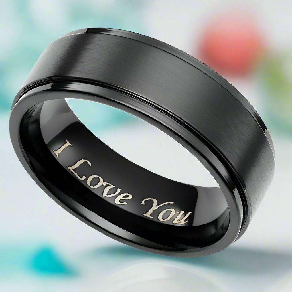 Black Titanium Men's Wedding Band with "I Love You" Engraving-Evani Jewelry