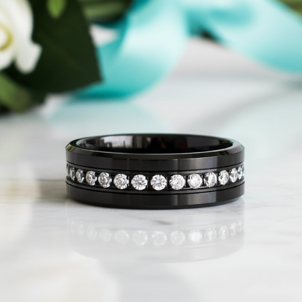 Black Tungsten Diamond Eternity Wedding Band-Evani Jewelry