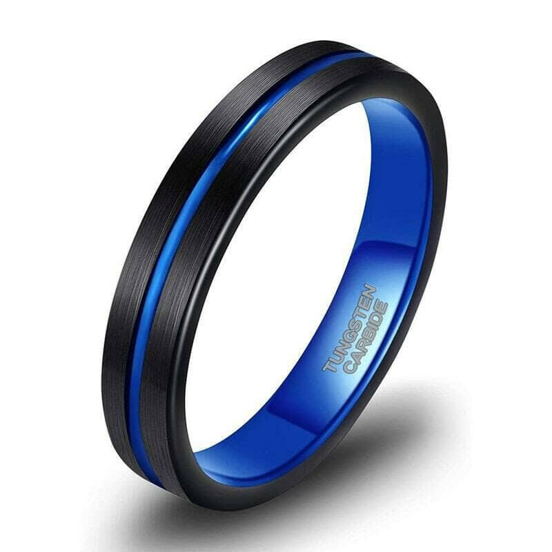 Black Tungsten Men's Wedding Band with Blue Groove-Evani Naomi Jewelry