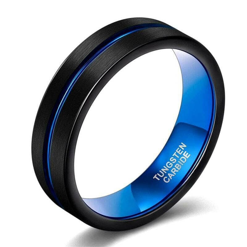 Black Tungsten Men's Wedding Band with Blue Groove-Evani Naomi Jewelry