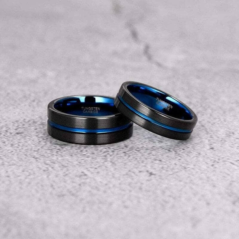 Black Tungsten Men's Wedding Band with Blue Groove-Evani Naomi Jewelry