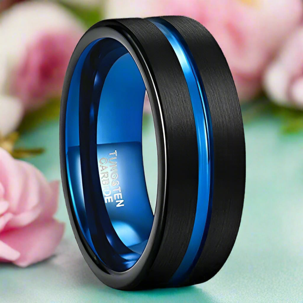 Black Tungsten Men's Wedding Band with Blue Groove-Evani Naomi Jewelry