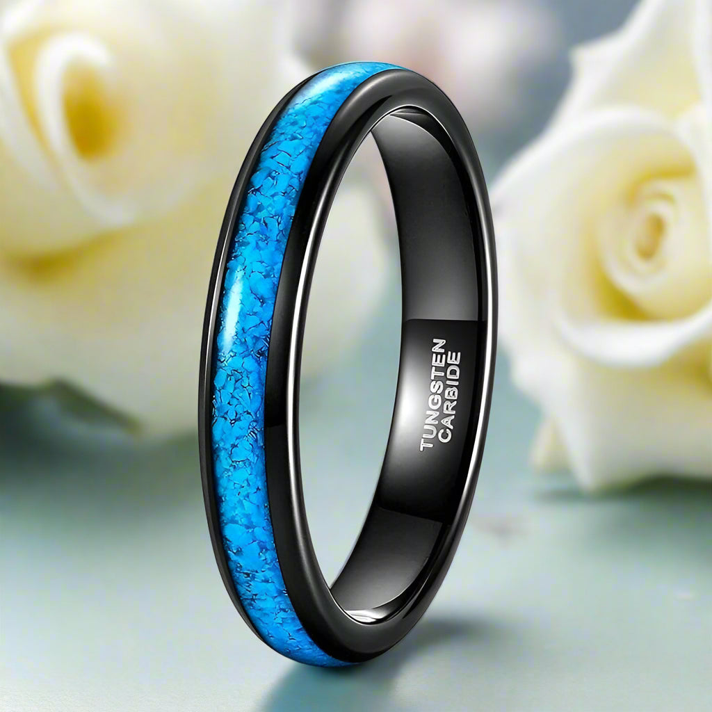 Black Tungsten Men's Wedding Band with Blue Turquoise Inlay-Evani Naomi Jewelry