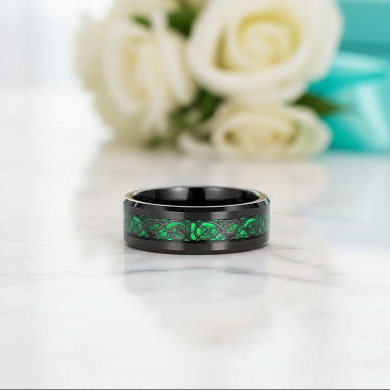 Black Tungsten Men's Wedding Band with Celtic Dragon Inlay-Evani Naomi Jewelry