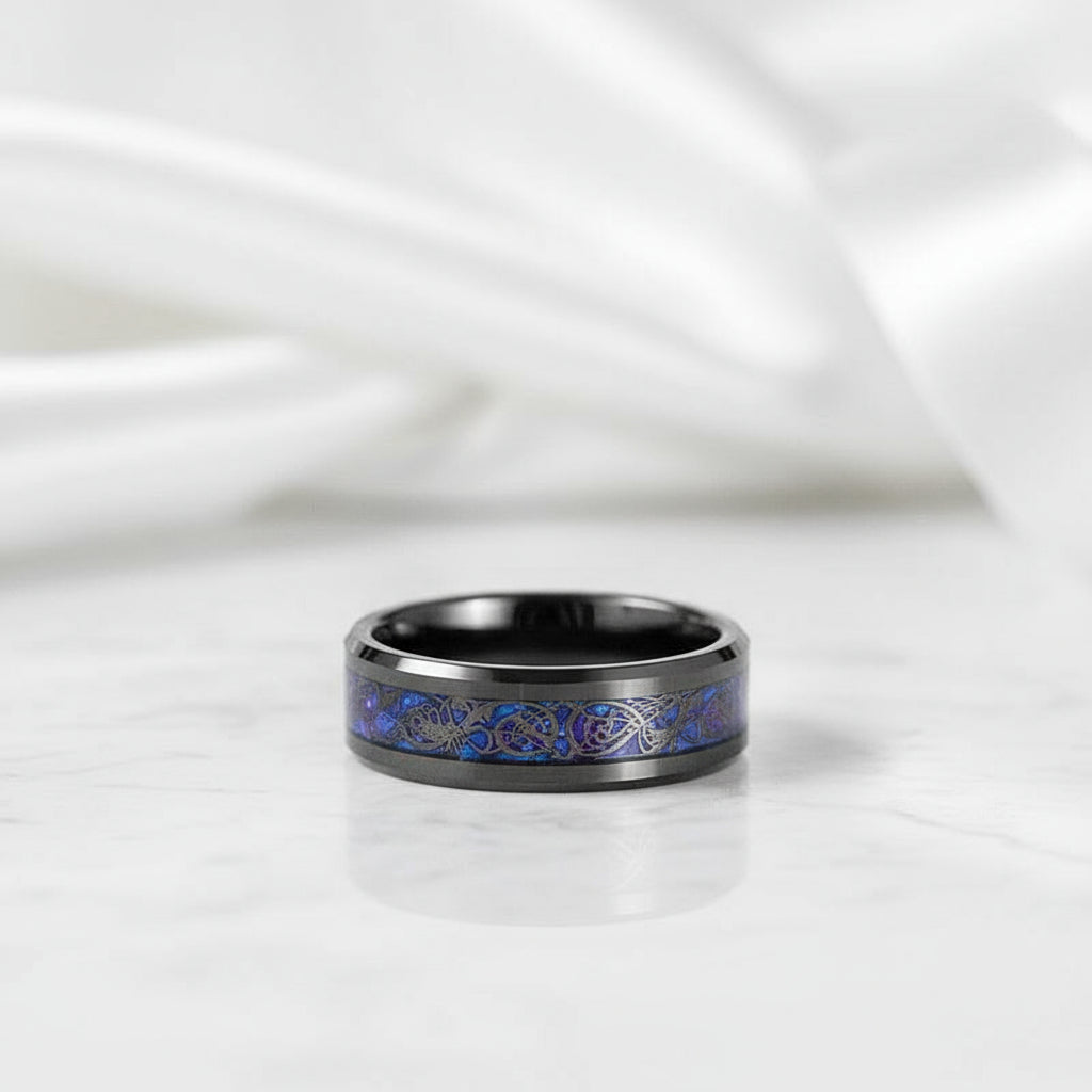 Black Tungsten Men's Wedding Band with Celtic Dragon Inlay-Evani Naomi Jewelry
