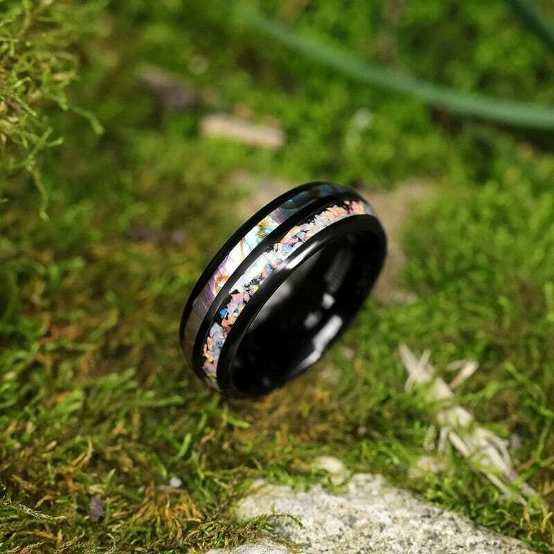 Black Tungsten Men's Wedding Band with Galaxy Opal & Abalone Shell-Evani Naomi Jewelry