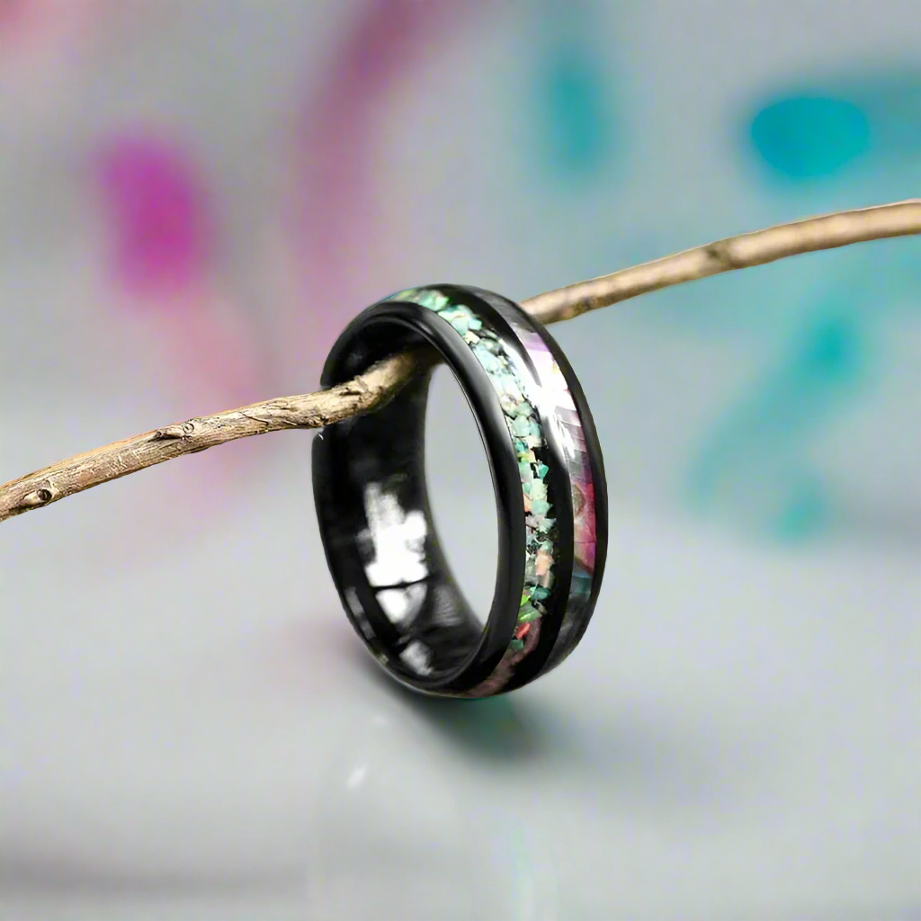 Black Tungsten Men's Wedding Band with Galaxy Opal & Abalone Shell-Evani Naomi Jewelry