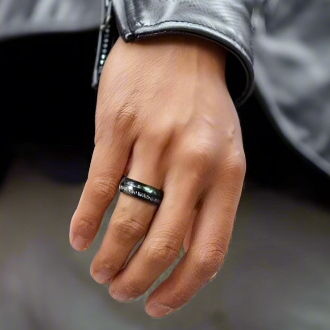 Black Tungsten Men's Wedding Band with Galaxy Opal & Abalone Shell-Evani Naomi Jewelry