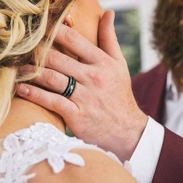 Black Tungsten Men's Wedding Band with Galaxy Opal & Abalone Shell-Evani Naomi Jewelry