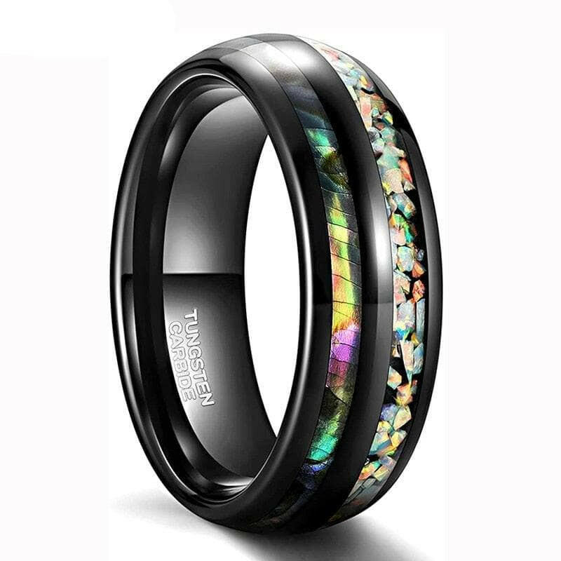 Black Tungsten Men's Wedding Band with Galaxy Opal & Abalone Shell-Evani Jewelry