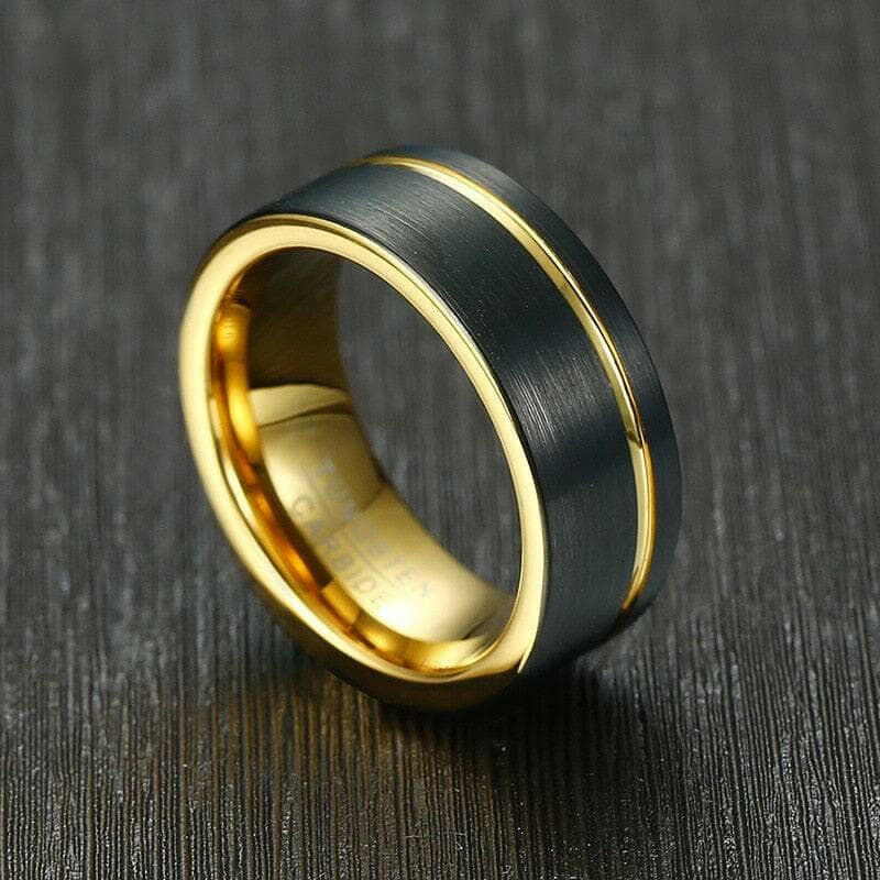 Black Tungsten Men's Wedding Band with Gold Groove-Evani Jewelry