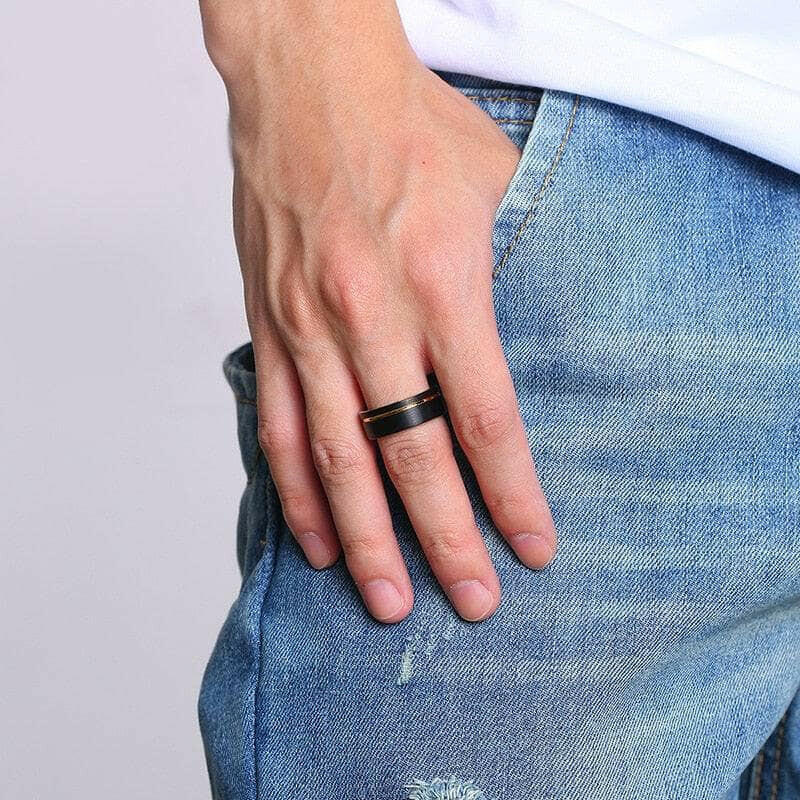 Black Tungsten Men's Wedding Band with Gold Groove-Evani Naomi Jewelry