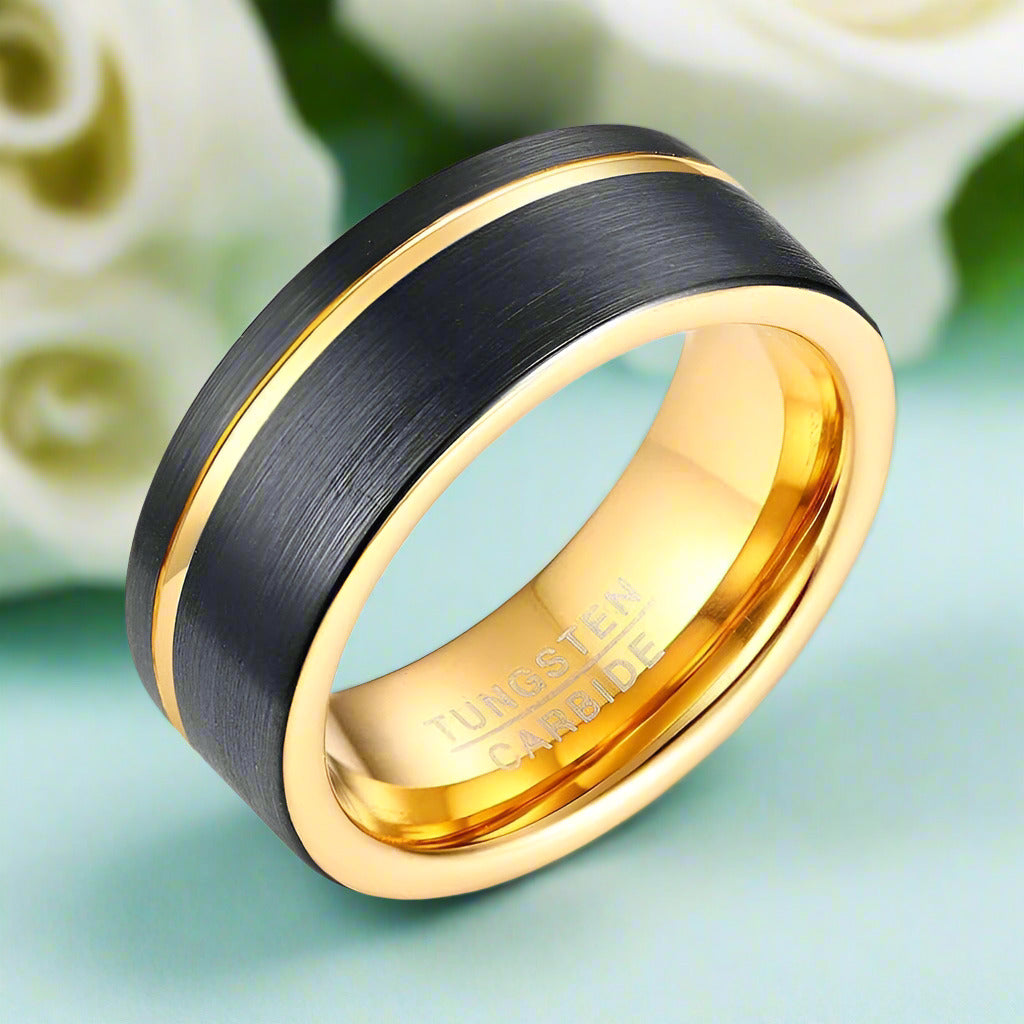 Black Tungsten Men's Wedding Band with Gold Groove-Evani Naomi Jewelry