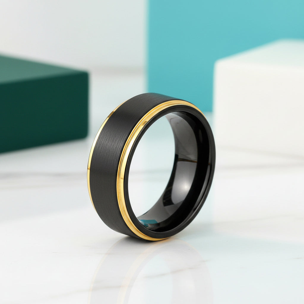 Black Tungsten Men's Wedding Band with Golden Line-Evani Jewelry