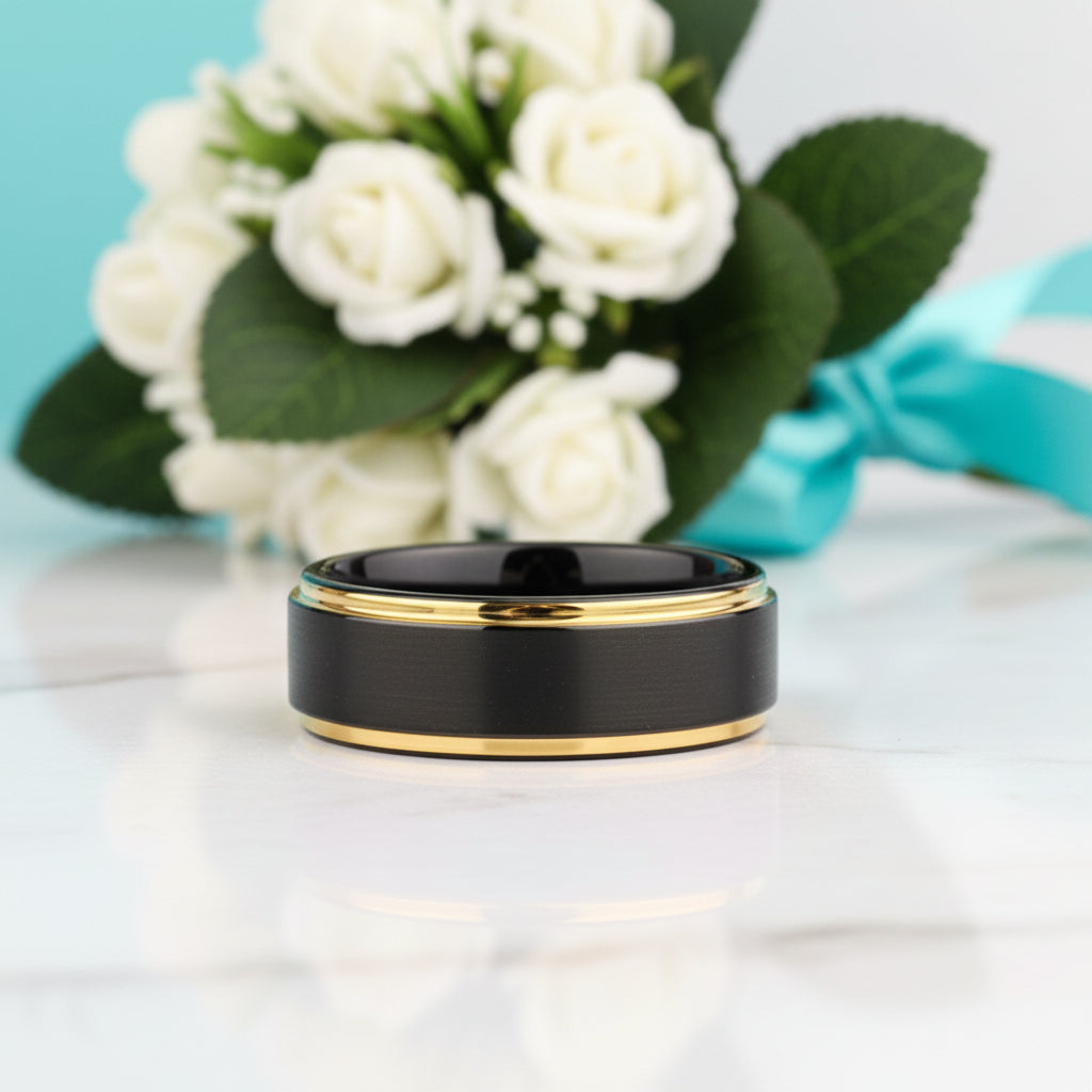 Black Tungsten Men's Wedding Band with Golden Line-Evani Jewelry