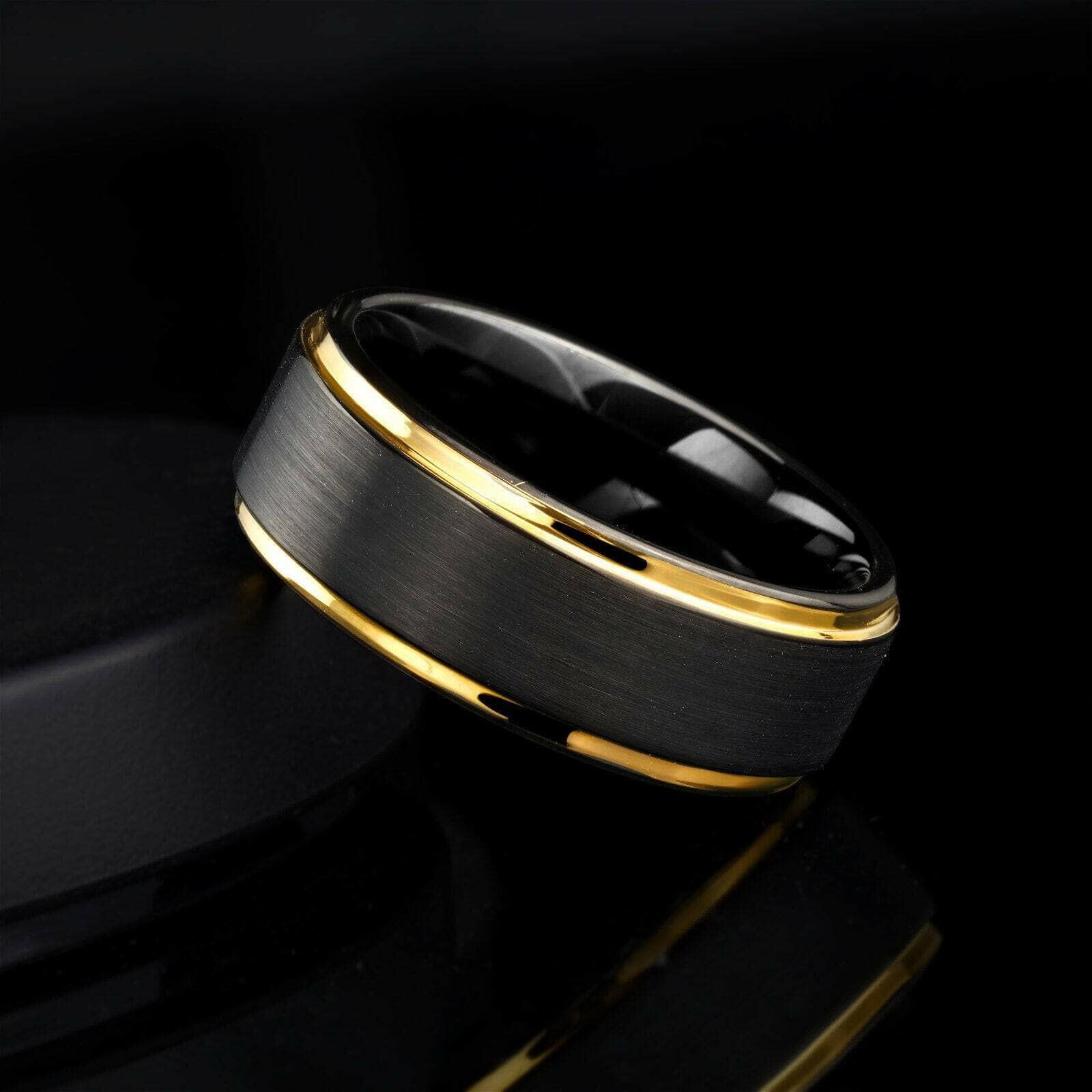 Black Tungsten Men's Wedding Band with Golden Line-Evani Naomi Jewelry