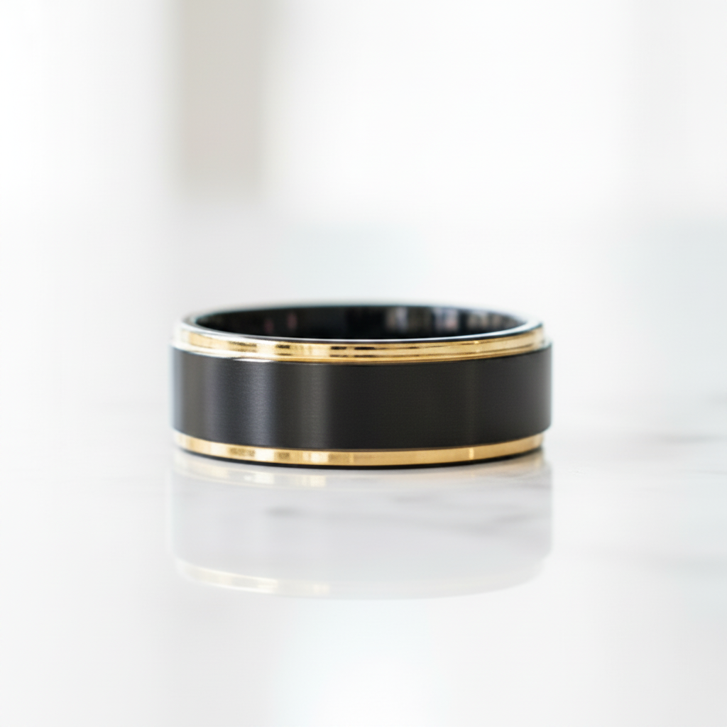 Black Tungsten Men's Wedding Band with Golden Line - Evani Naomi Jewelry