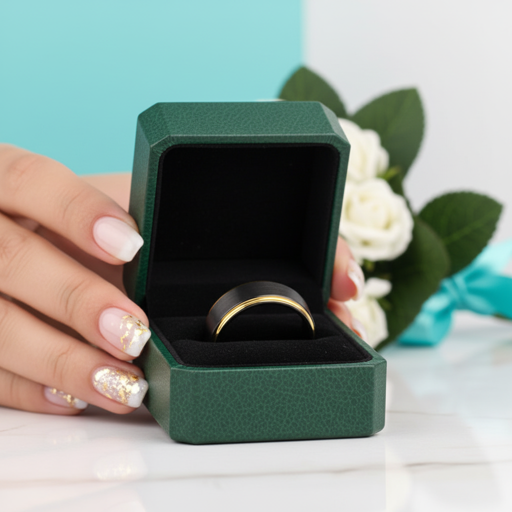 Black Tungsten Men's Wedding Band with Golden Line - Evani Naomi Jewelry
