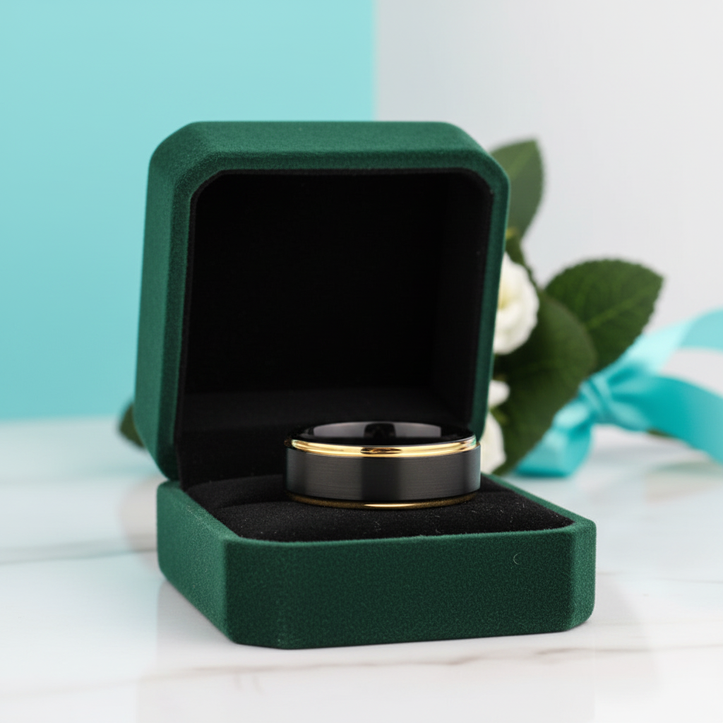 Black Tungsten Men's Wedding Band with Golden Line - Evani Naomi Jewelry