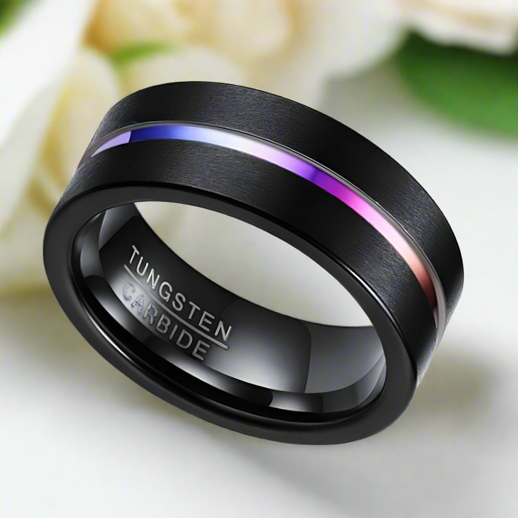 Black Tungsten Men's Wedding Band with Rainbow Line - Evani Naomi Jewelry