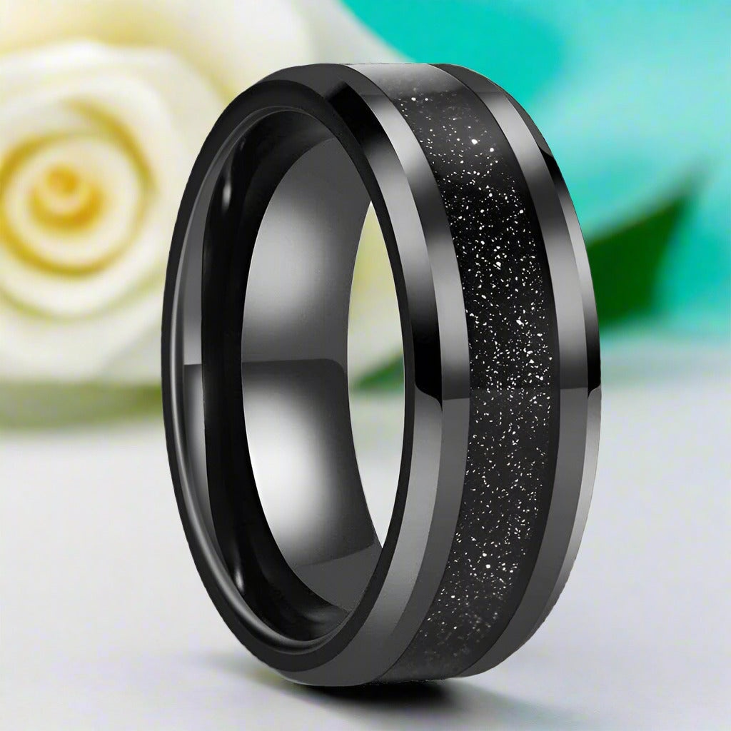 Black Tungsten Men's Wedding Band with Sandstone Inlay-Evani Jewelry