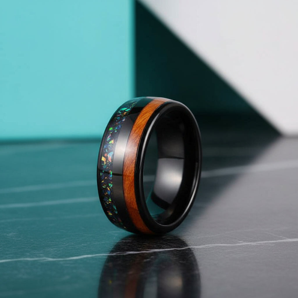 Black Tungsten Men's Wedding Band with Wood & Abalone Inlay-Evani Jewelry