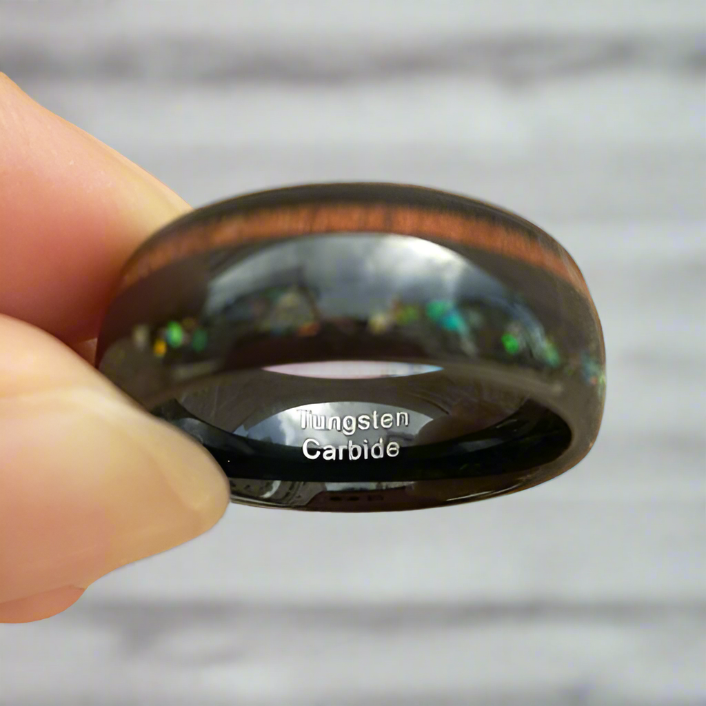 Black Tungsten Men's Wedding Band with Wood & Abalone Inlay-Evani Naomi Jewelry