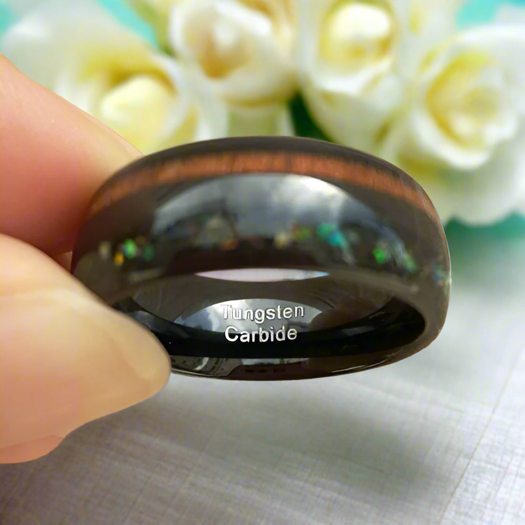 Black Tungsten Men's Wedding Band with Wood & Abalone Inlay-Evani Naomi Jewelry