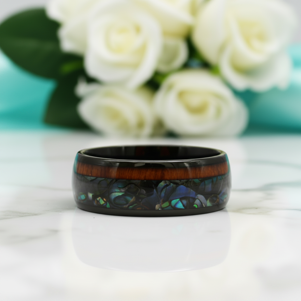 Black Tungsten Men's Wedding Band with Wood & Abalone Inlay-Evani Jewelry