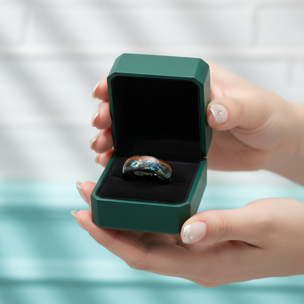 Black Tungsten Men's Wedding Band with Wood & Abalone Inlay - Evani Naomi Jewelry
