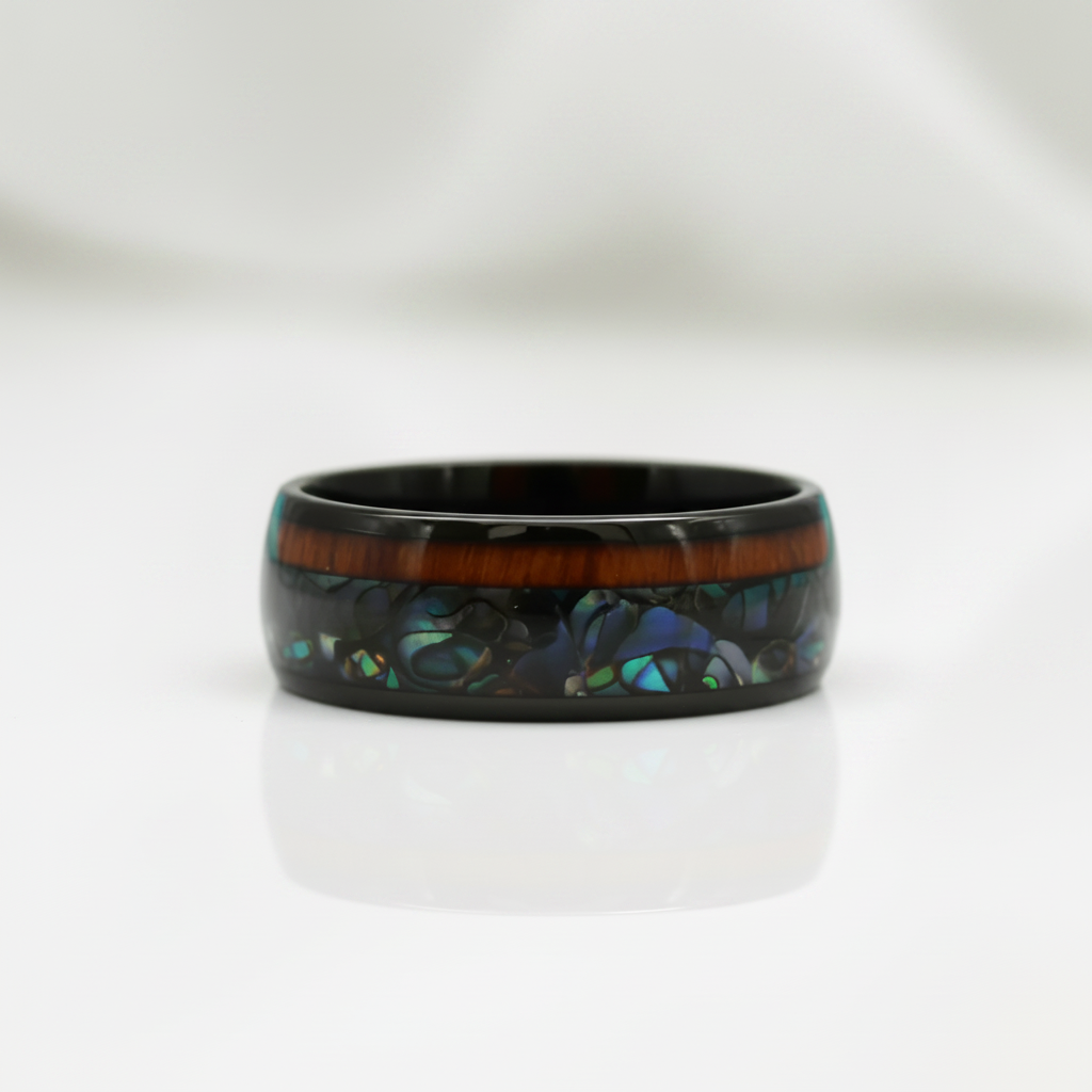Black Tungsten Men's Wedding Band with Wood & Abalone Inlay - Evani Naomi Jewelry