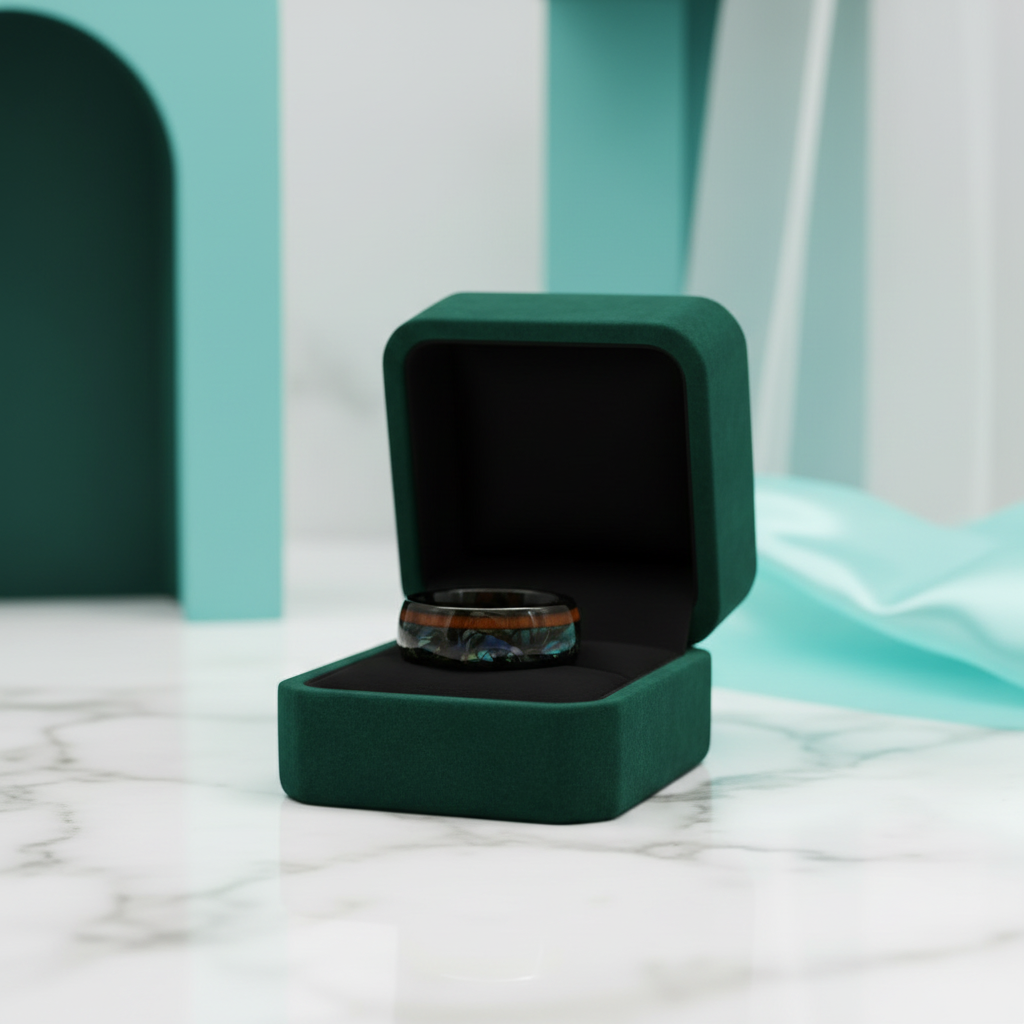 Black Tungsten Men's Wedding Band with Wood & Abalone Inlay - Evani Naomi Jewelry