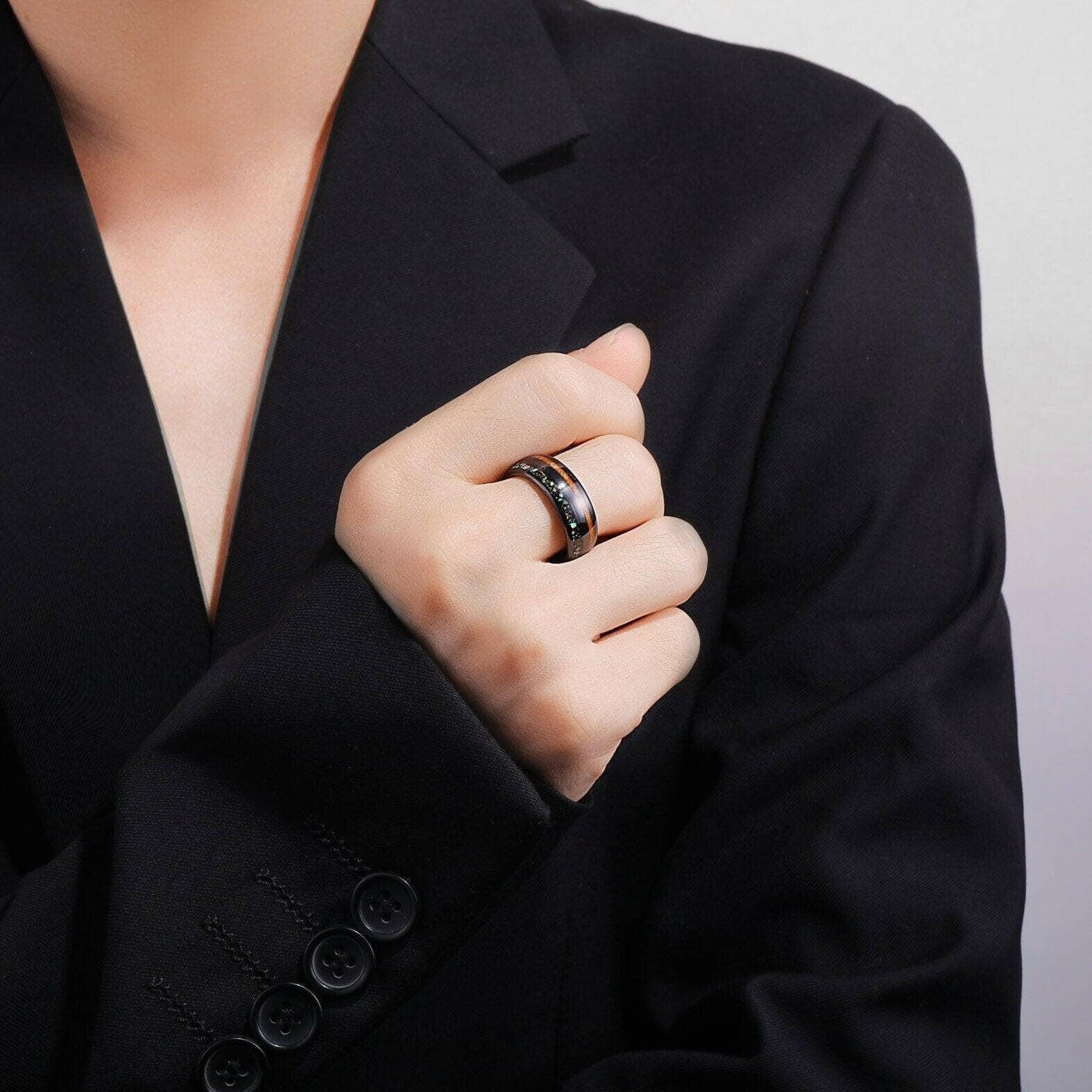 Black Tungsten Men's Wedding Band with Wood & Abalone Inlay-Evani Naomi Jewelry
