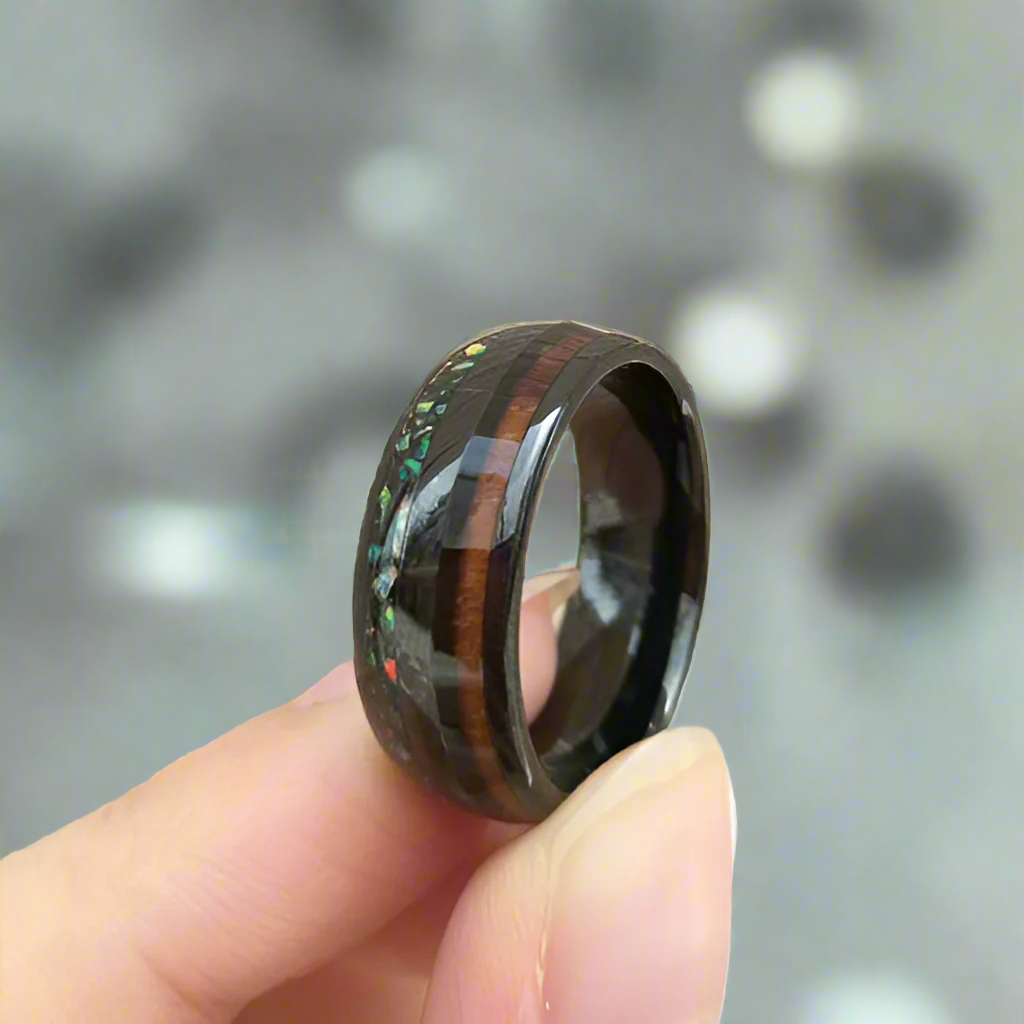 Black Tungsten Men's Wedding Band with Wood & Abalone Inlay-Evani Naomi Jewelry
