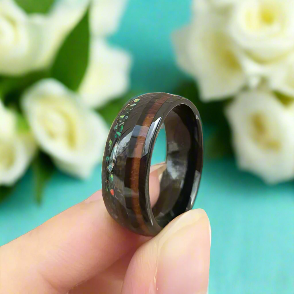 Black Tungsten Men's Wedding Band with Wood & Abalone Inlay-Evani Naomi Jewelry