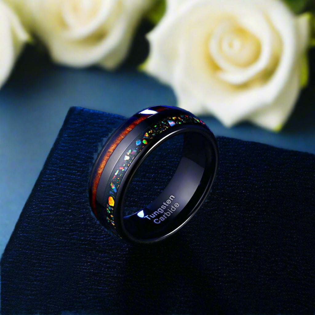 Black Tungsten Men's Wedding Band with Wood & Abalone Inlay-Evani Naomi Jewelry