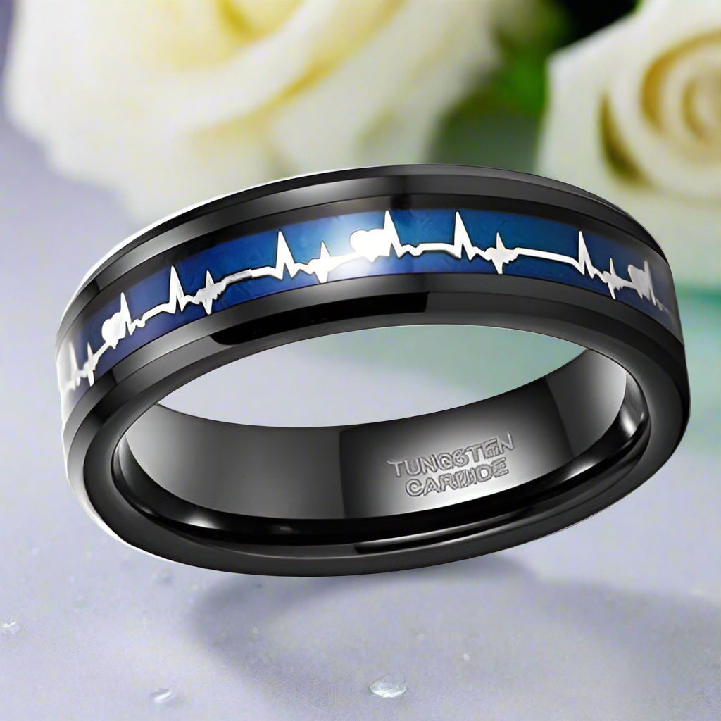 Black Tungsten Unisex Wedding Band with Heartbeat Inlay-Evani Jewelry