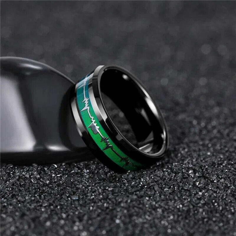 Black Tungsten Unisex Wedding Band with Heartbeat Inlay-Evani Naomi Jewelry