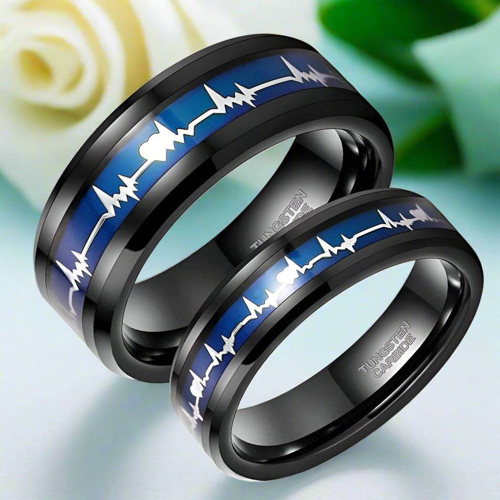 Black Tungsten Unisex Wedding Band with Heartbeat Inlay-Evani Jewelry